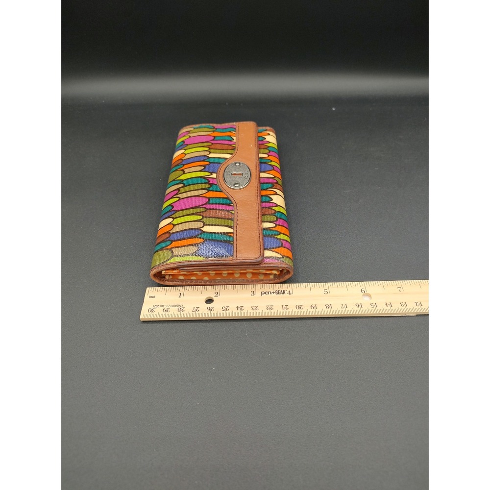 Fossil Key-Per Trifold Wallet Multicolor Abstract Teardrop Leather Trim Brown - Picture 6 of 11